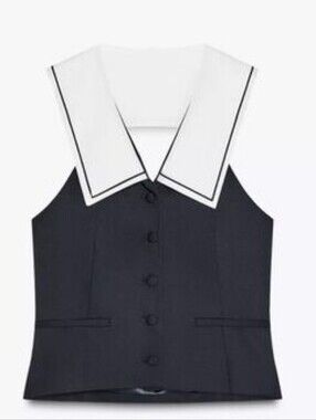 ZARA Navy & White Sailor Collar Button Front Peplum Top Size XS NWT